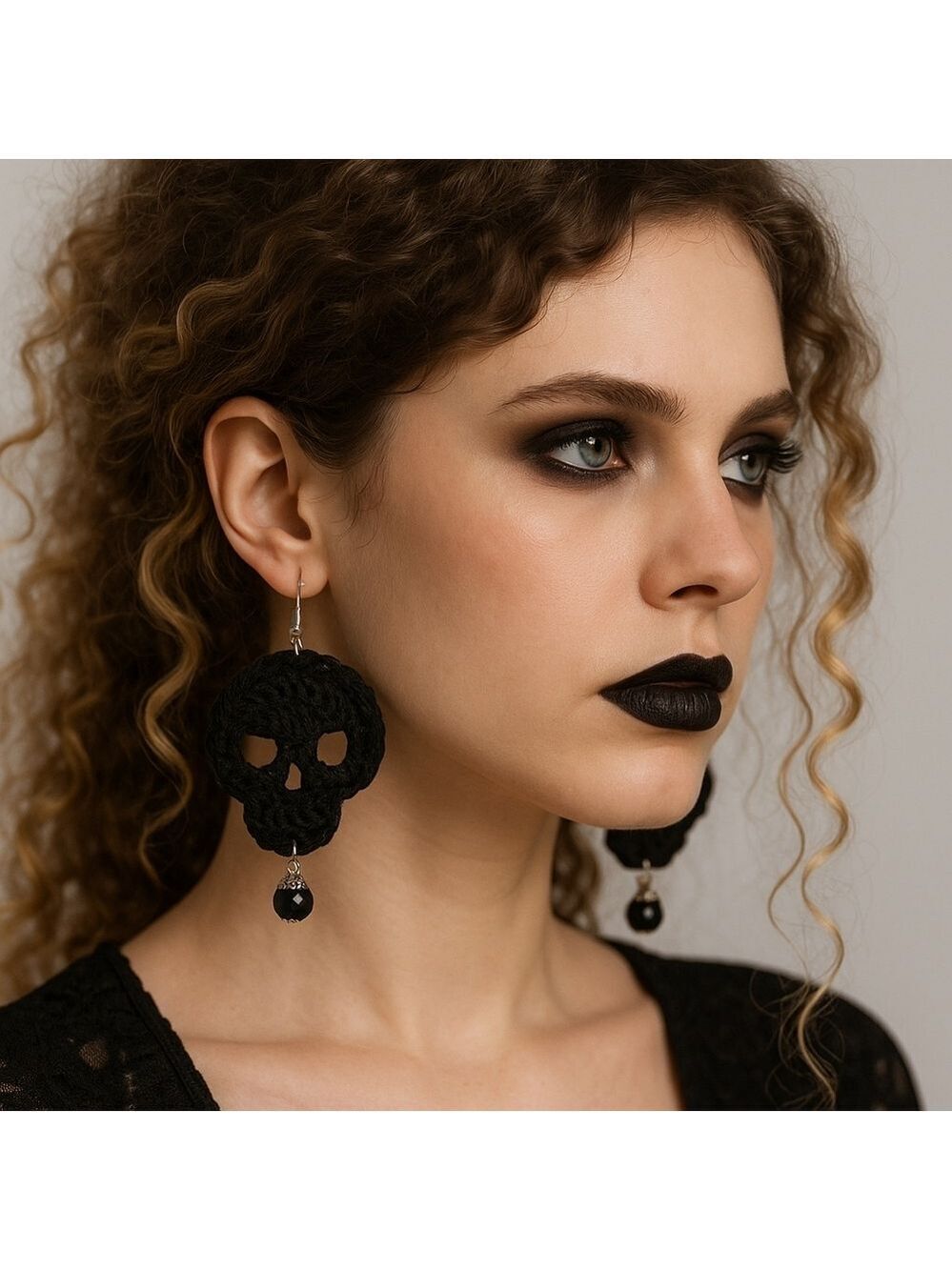 Handmade Crochet Skull Earrings 100% Cashmere Upcycled Beads Halloween Jewelry
